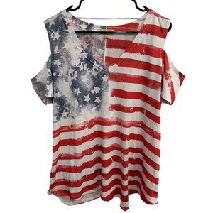 OneWorld American Flag Cold Shoulder Top Red White Striped Blue Stars Sz XL